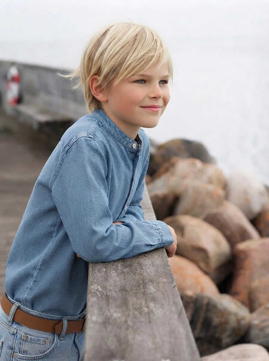 Collarless Denim Shirt